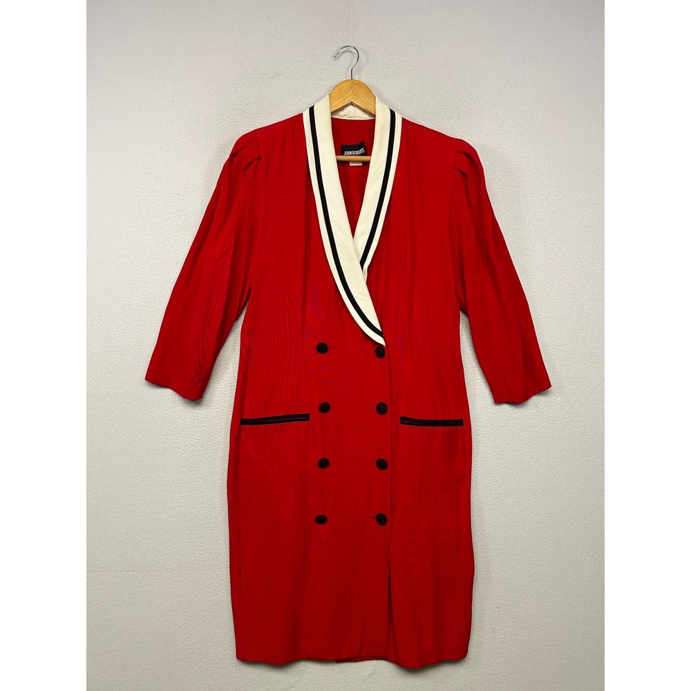 Vintage John Roberts Nautical 80s Power Suit Women 11-12 Red Blazer Dress Sailor